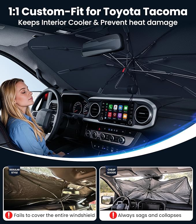 Zanch 2026 Upgraded Windshield Sun Shade Umbrella: Custom Fit for Toyota Tacoma 2016-2026 Front Window Sunshade, Block UV Rays & Keep Car Cool, 1:1 Scan for Toyota Tacoma, No Gaps & No Scratches.
