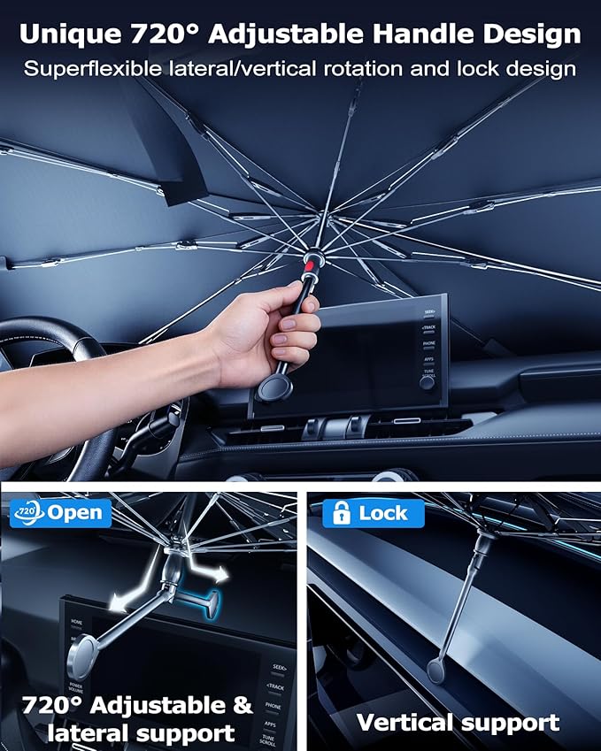 DMJN Umbrella Windshield Sun Shade for Tesla Model Y & 3 (2017-2026), Car Sunshade for Front Windshield [Nano Ice-Crystal Coatings] UPF50+ Heat & UV Block, Protect Interior & Keep Cooler