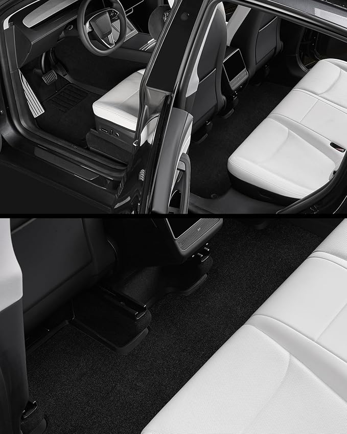 3W Tesla Model Y Juniper Floor Mats with Carpets, Metal Pedal, Double Layer, All Weather TPE Waterproof Custom Fit Automotive Car Floor Liners, Vigormold™