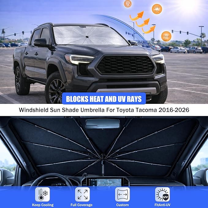 2026 Upgraded Car Windshield Sun Shade Umbrella - Custom-Fit for Toyota Tacoma 2016-2026 Umbrella Sunshade,Easy Install,UV Protection & Heat Reflective,Keep Interior Cooler with Storage Bag