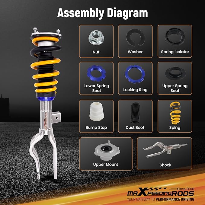 maXpeedingrods Coilover for Tesla model Y 2020+ AWD, 24 Levels Damping Adjustable Coilovers Suspension Kits, Height Adjustable Shock Absorber Struts, C2 Upgraded Series Lowering Kits Gold