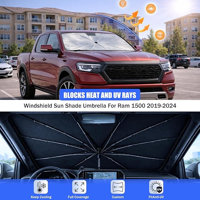 2026 Upgraded Car Windshield Sun Shade Umbrella - Custom-Fit for Ram 1500 2019-2024 Umbrella Sunshade,Easy Install,UV Protection & Heat Reflective,Keep Interior Cooler with Storage Bag