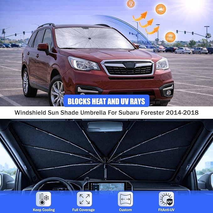Car Windshield Sun Shade Umbrella - Custom-Fit for Su-b a-ru Forester 2014-2018 Umbrella Sunshade,Easy Install,UV Protection & Heat Reflective,Keep Interior Cooler with Storage Bag