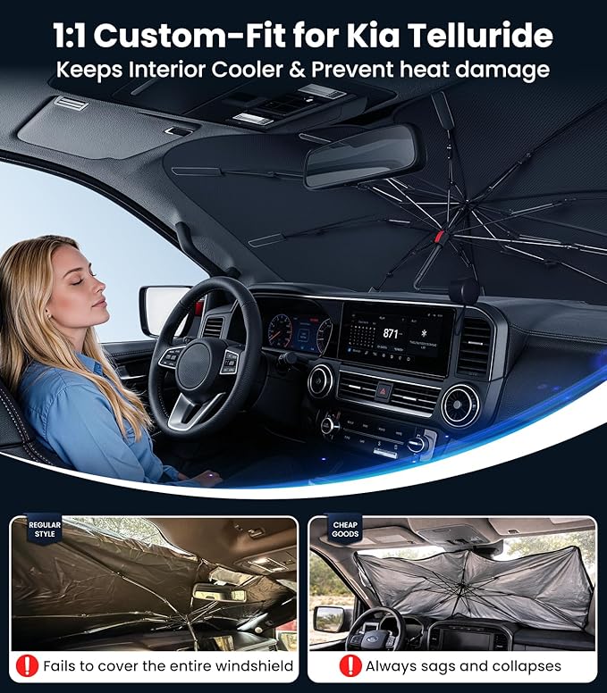 Zanch 2026 Upgraded Windshield Sun Shade Umbrella: Custom Fit for Kia Telluride 2020-2025 Front Window Sunshade, Block UV Rays & Keep Car Cool, Precision 1:1 Scan for Kia, No Gaps & No Scratches.