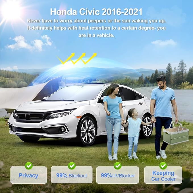 8pcs Car Window Shades for Honda Civic 2016-2021 Accessories,Windshield Side Rear Full Sunshade,Sun Visor UV Blocking, Privacy Protection and Blackout for Camping Outdoor