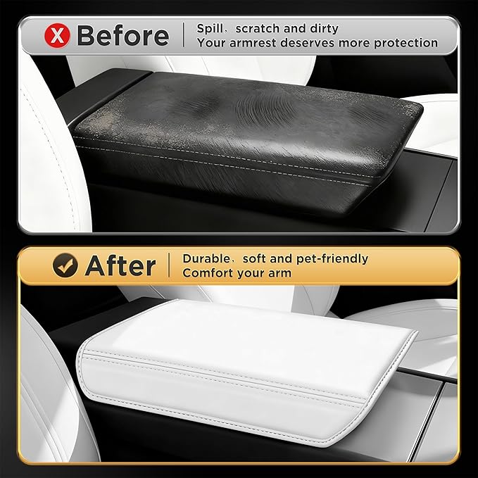 for Tesla Model Y Juniper(2025-2026) & Model 3(2024-2026) Leather Center Console Cover [Soft Touch & Match Seat Color] Armrest Cover for Tesla Model 3 & Model Y Juniper Accessories White