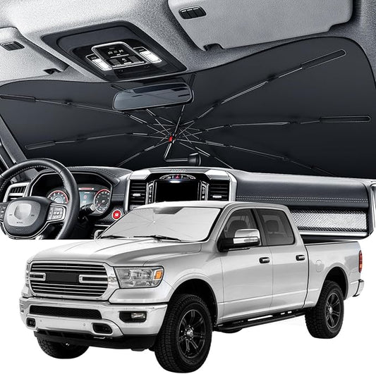 Zanch 2026 Upgraded Windshield Sun Shade Umbrella: Custom Fit for Dodge RAM 1500 2500 3500 2019-2026 Front Window Sunshade, Block UV Rays & Keep Car Cool, 1:1 Scan for RAM 1500, No Gaps & No Scratches.