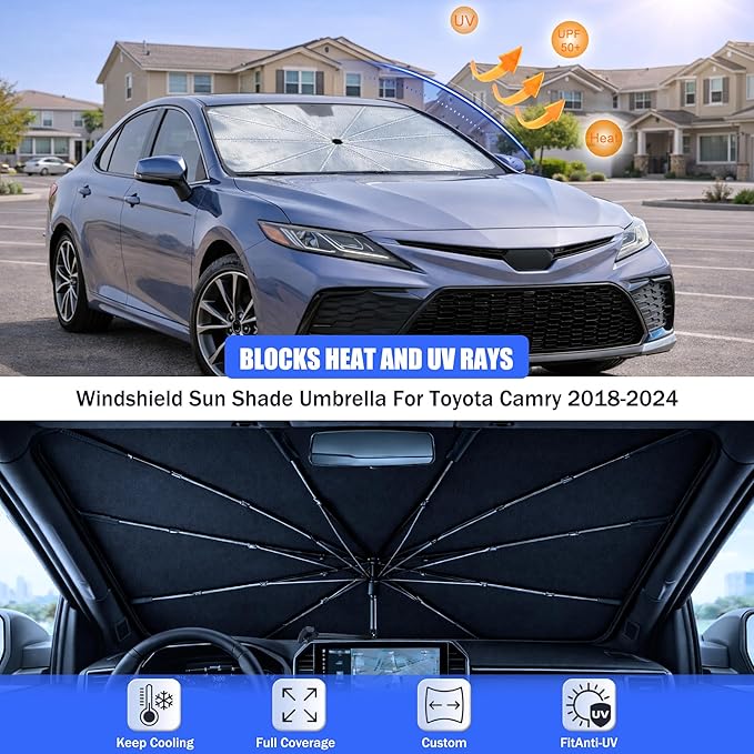 2026 Upgraded Car Windshield Sun Shade Umbrella - Custom-Fit for Toyota Camry 2018-2024 Umbrella Sunshade,Easy Install,UV Protection & Heat Reflective,Keep Interior Cooler with Storage Bag
