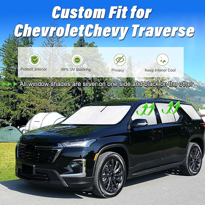KMF 8pcs Thicken Sun Shades for Chevy Traverse 2018-2023 Accessories,Chevrolet Full Car Window Covers Sunshade for Windshield Side Rear, UV Block and Blackout Privacy for Car Camping Outdoor