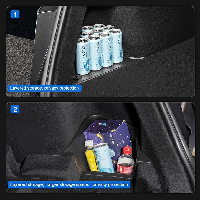 Trunk Storage Bin for Tesla Model Y Juniper Rear Trunk Organizer Corner Storage Trunk Side Storage Packets for Tesla Model Y 5 Seater 2 tpe buckets with lids (new model 2025 2026 y Juniper)