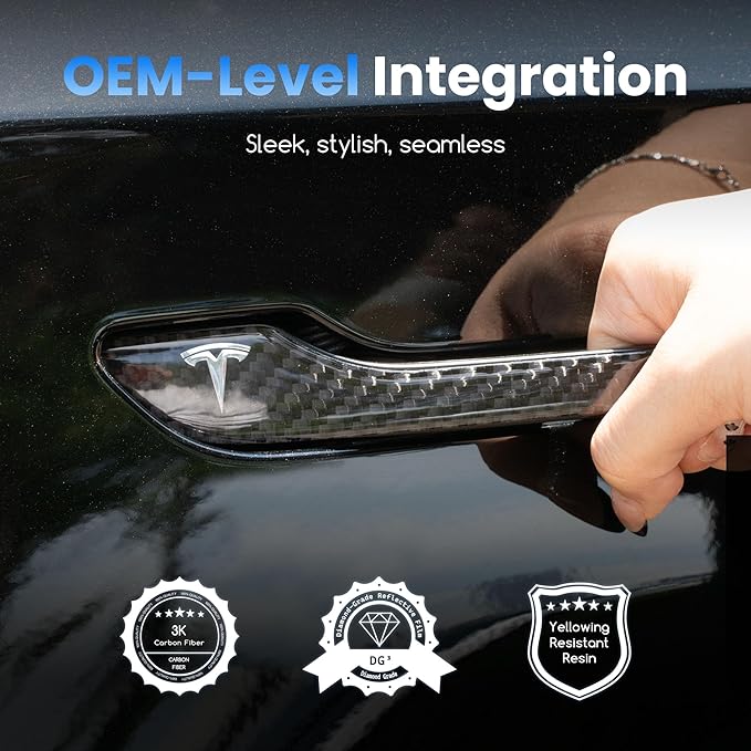 Polwlamks 4 Pack Door Handle Cover Fits Model Y/Model 3, Real Carbon Fiber 3D Handle Cover Sticker, Tesla Door Handle Protector Wrap Covers with 3M Self-Adhesive Backing, Tesla Exterior Accessories