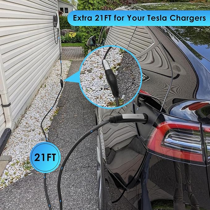 NACS Extension Cable Cord, Charging Extension Cable for Tesla, 21ft 40A 240V 9.6Kw, Compatible with Tesla & NACS Level 1 & Level 2 Mobile Charger Wall Connector for Model Y/X/3/S/Cyber-truck