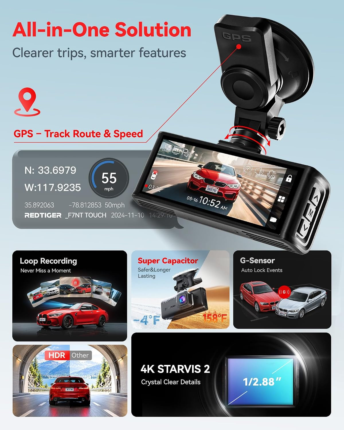4K STARVIS 2 Dashcam Front Rear, 5Ghz Wifi 20Mb/S, Voice Control