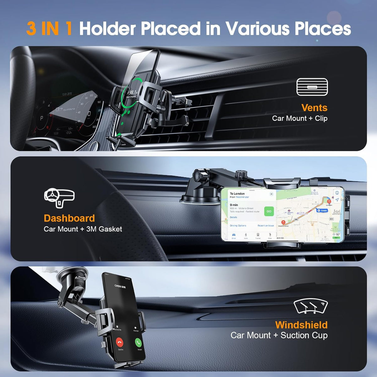 Upgraded 3-In-1 Car Phone Holder Mount for Car, Jet Black