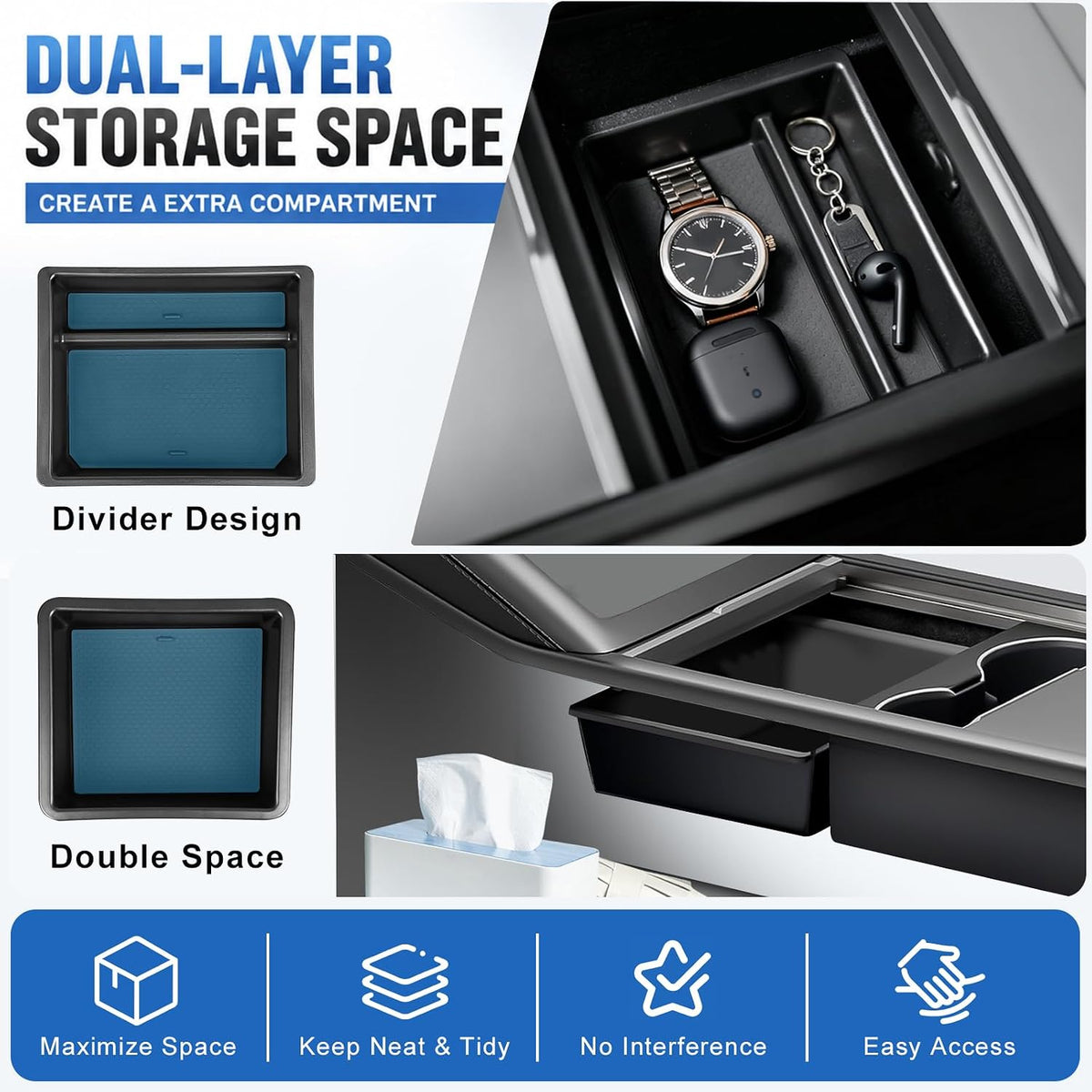 Tesla Model Y Juniper 2025-2026 13-Piece All-Weather Floor Mats & Double-Layer Center Console Organizer – Full Interior Protection & Smart Storage (Not for Standard)