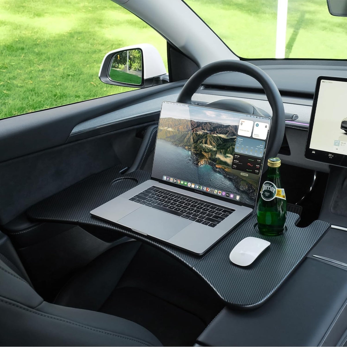 Foldable Desk Food Tray (Carbon Edition) for Tesla Model Y Model 3 S X Y Juniper Accessories- Upgraded Table with Support Leg for Dining, In-Car Work, Travel and Outdoor (1 Pack)