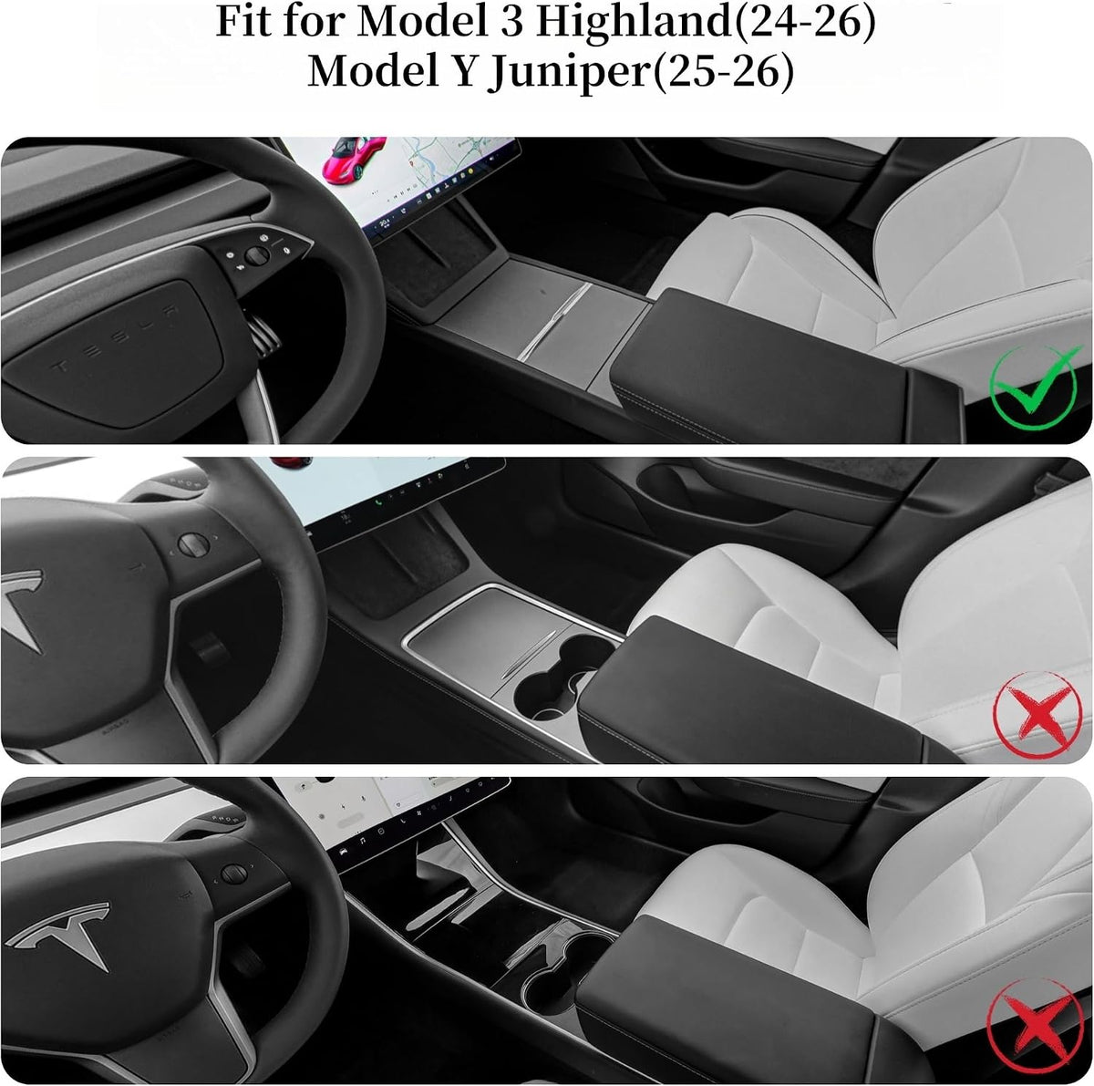 Center Console Armrest Cover Designed for Tesla Model 3 Highland 2024-2026 and Model Y Juniper 2026 Refresh,Non-Slip Designed with EZ Snap on Install-White