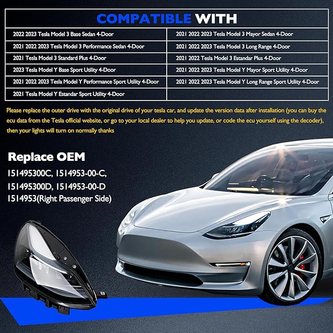 Full LED Headlights Assembly, Compatible with 2021-2023 Tesla 3 Tesla Y Base Mayor Performance Long Range Standard Estandar, Replace 1514953 151495300C Right Passenger Side Front Head Lights Assembly