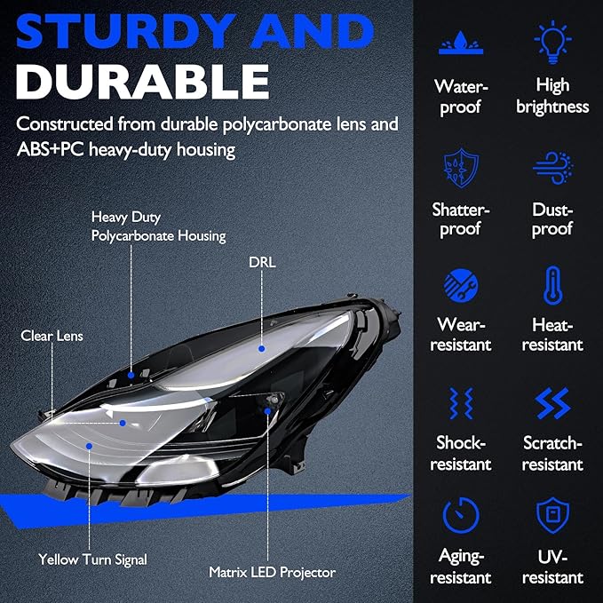 Full LED Headlights, Compatible with 2021-2023 Tesla 3 Tesla Y Base Mayor Performance Long Range Standard Estandar, Replace 1514952 151495200C 151495200D Left Driver Side Front Head Lights Assembly
