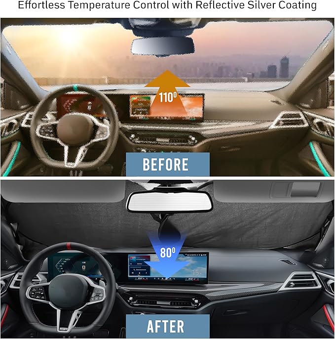 Foldable Windshield Sun Shade for Car – 280T Reflective UV and Heat Shield with Storage Bag | Keeps Interior Cool | Universal Fit for Sedans, SUVs, and Trucks – Standard (64" x 32")