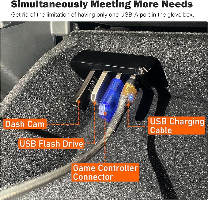 Glove Box USB Hub for Tesla Model Y 2021-2024 and Model 3 2021-2023, 4-in-1 Multiport Glovebox Docking Station Accessories for Dashcam Flash Drive Charger Data Transfer Games Music