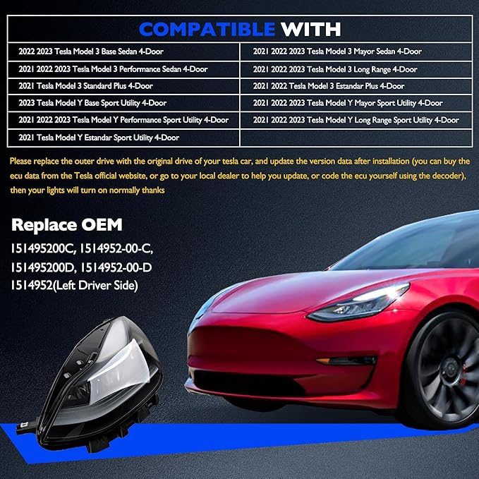 Full LED Headlights, Compatible with 2021-2023 Tesla 3 Tesla Y Base Mayor Performance Long Range Standard Estandar, Replace 1514952 151495200C 151495200D Left Driver Side Front Head Lights Assembly
