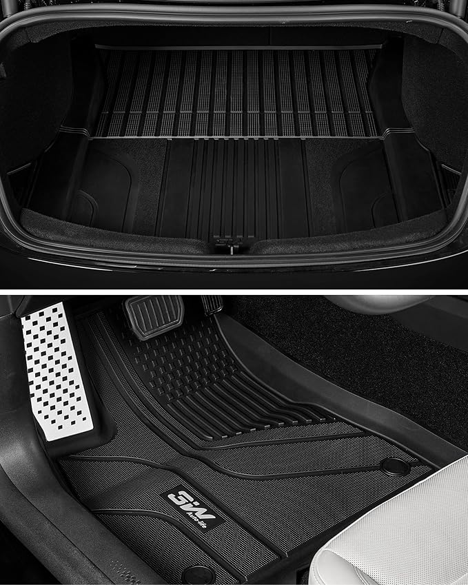 3W Tesla Model 3 Floor Mats 2026 2025 2024 with Mental Pedal, Full Set with Seatback Protector, Highland All Weather Custom Fit Rear Trunk Mat Accessories Black