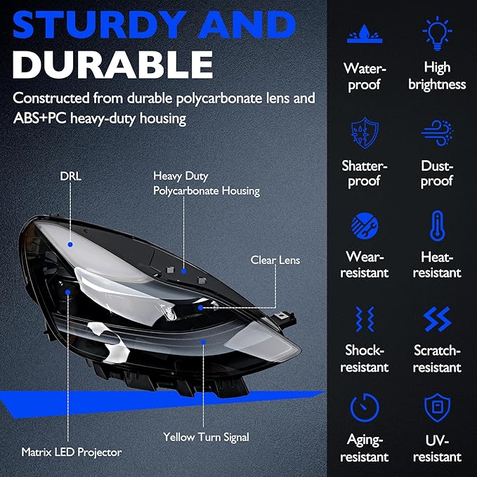 Full LED Headlights Assembly, Compatible with 2021-2023 Tesla 3 Tesla Y Base Mayor Performance Long Range Standard Estandar, Replace 1514953 151495300C Right Passenger Side Front Head Lights Assembly
