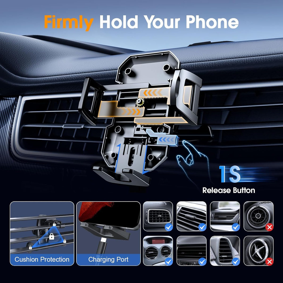 Upgraded 3-In-1 Car Phone Holder Mount for Car, Jet Black