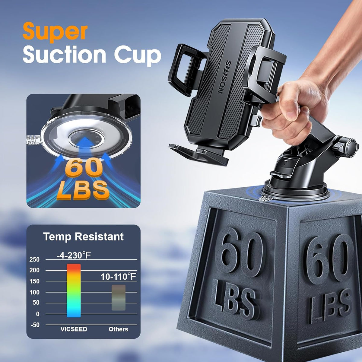 Upgraded 3-In-1 Car Phone Holder Mount for Car, Jet Black