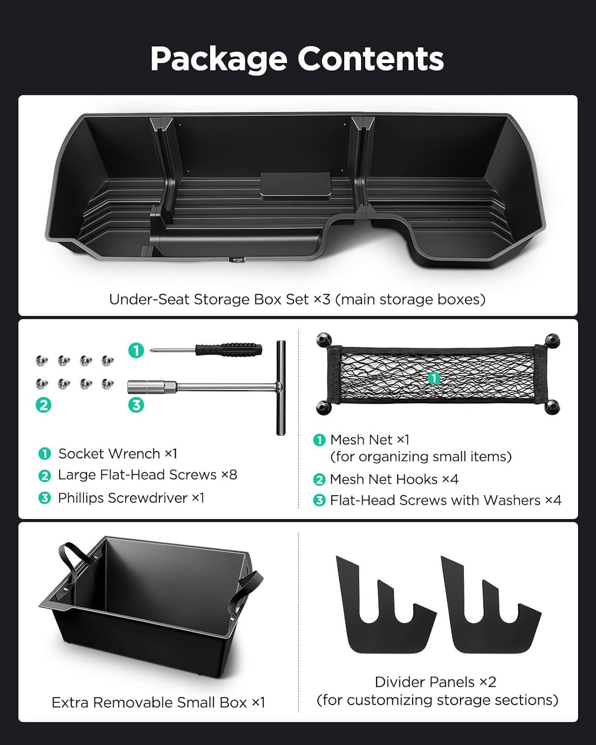 Truck Underseat Storage for Silverado Sierra: 2019-2026 Crew/Double Cab, Rear under Seat Organizer Tool Box Car Accessory for Chevy Silverado & GMC Sierra 1500 2500HD 3500HD (W/ Detach Bin & Mesh Net)