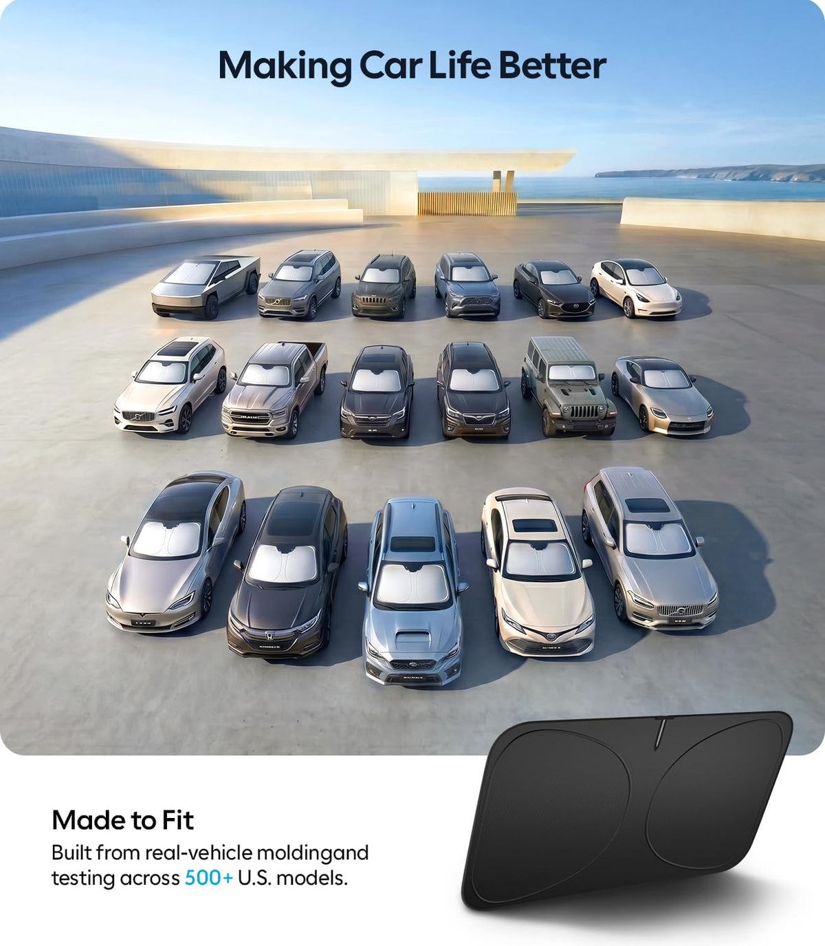 2026 Upgraded Universal Windshield Sun Shade for Cars, 100% Light Blocking 210D Oxford Sunshade, Foldable Heat Shield Keeps Interior Cool, Includes Storage Bag, XL (69" X 38")