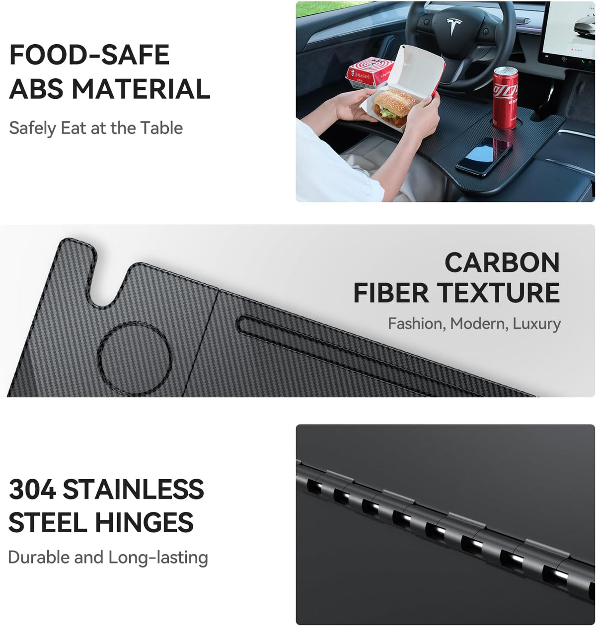 Foldable Desk Food Tray (Carbon Edition) for Tesla Model Y Model 3 S X Y Juniper Accessories- Upgraded Table with Support Leg for Dining, In-Car Work, Travel and Outdoor (1 Pack)