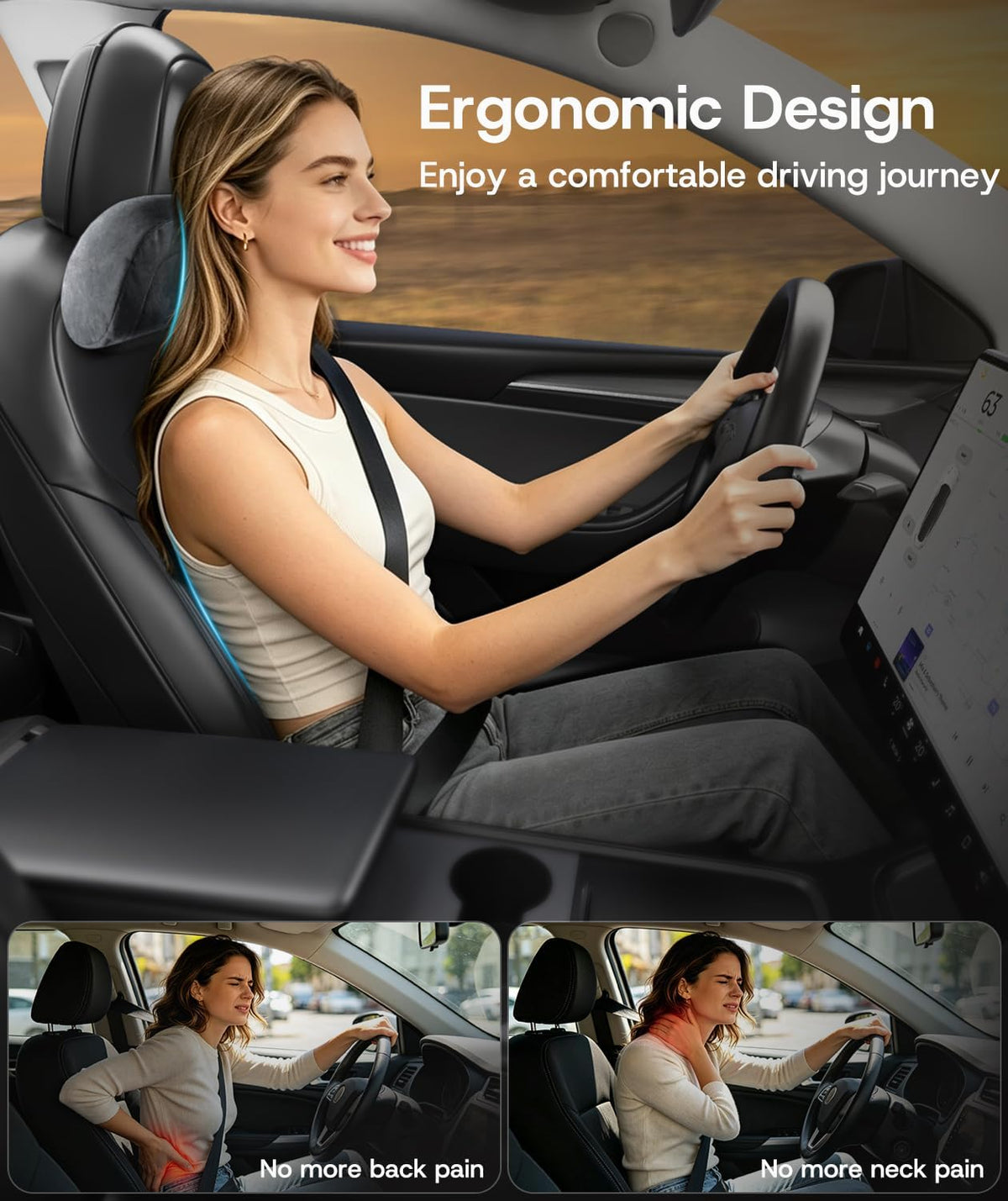 Car Headrest Pillow & Lumbar Support Pillow Set for Tesla Model 3/Y/S/X Accessories, Suede Memory Foam Neck & Back Support, Removable Washable Cover - 2PCS