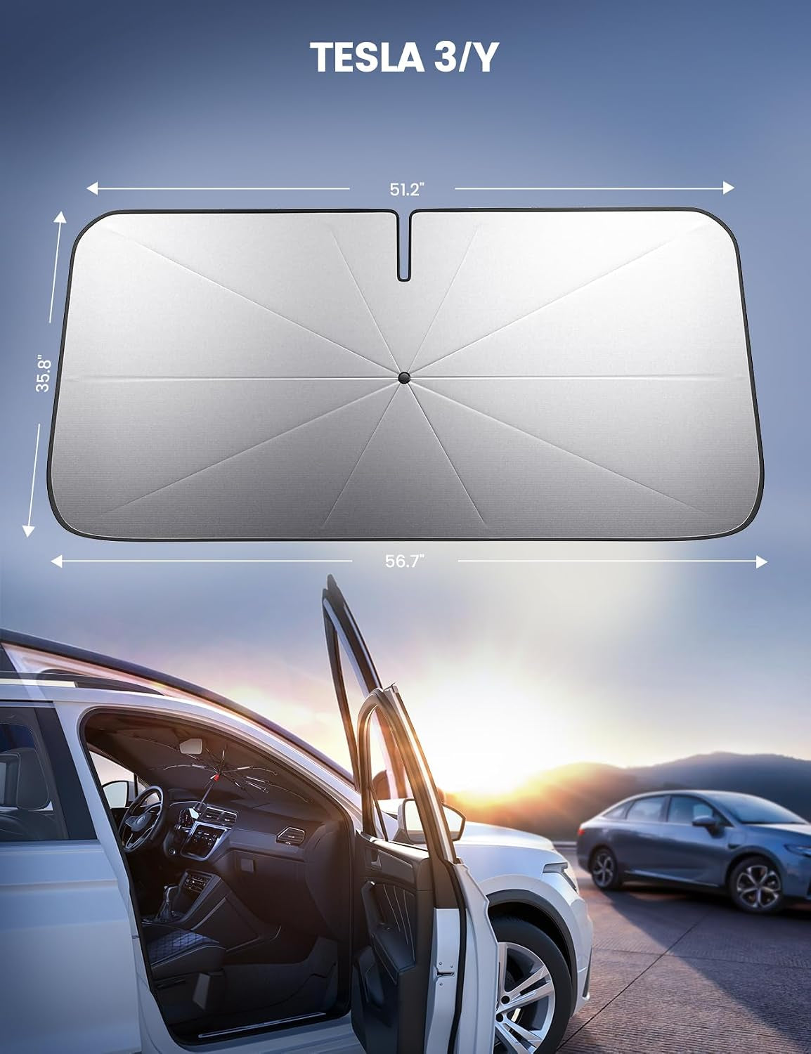 Tesla Model 3/Y Foldable Windshield Sunshade Umbrella UV Block 10-Rib Frame