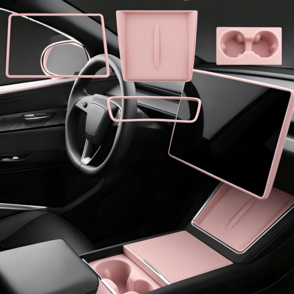 4PCS Silicone Interior Accessories for Tesla Model Y Juniper/Model 3 Highland Including Center Console Mat Cup Holder Insert Screen Edge Protector Frame Mirror Frame Protector (Pink)