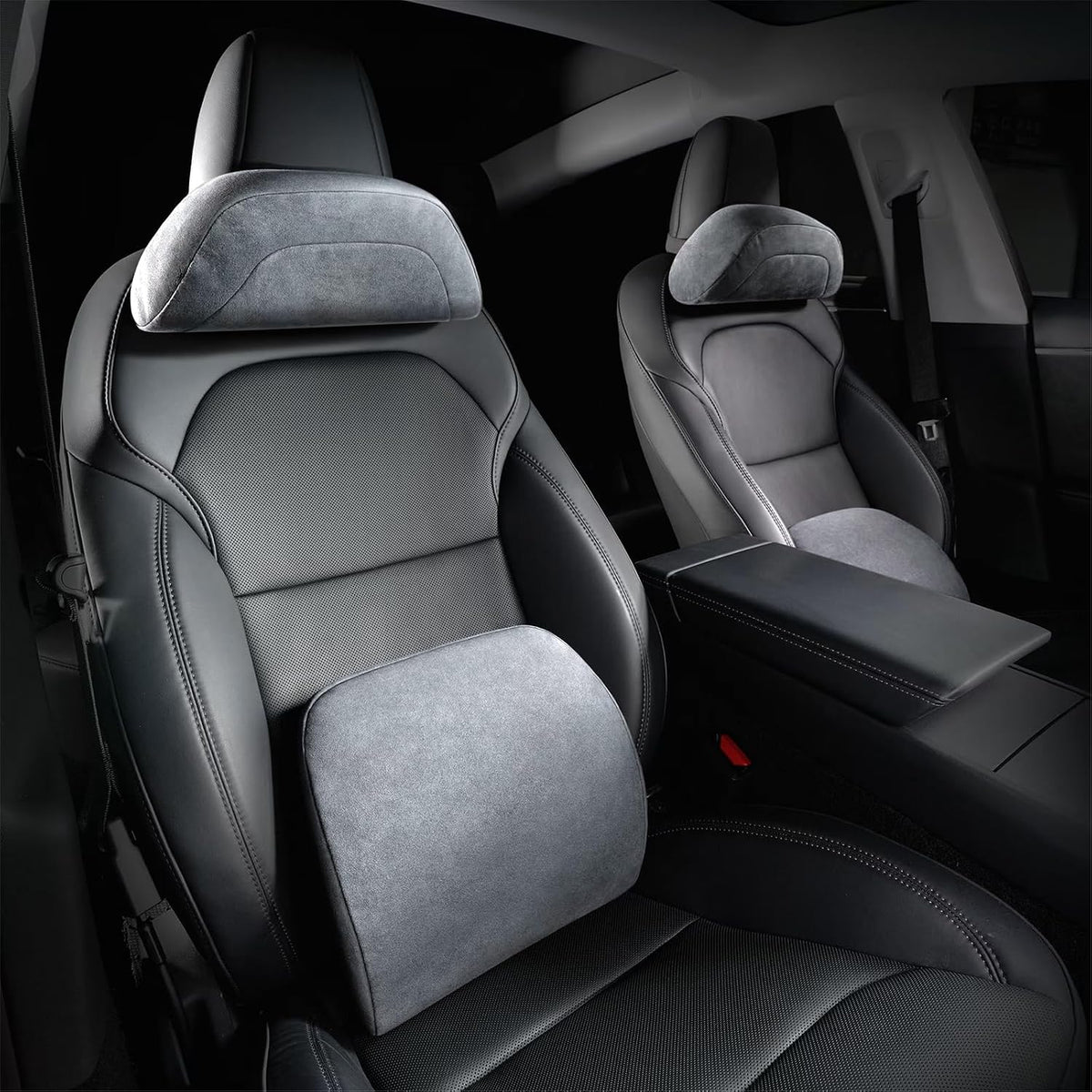 Car Headrest Pillow & Lumbar Support Pillow Set for Tesla Model 3/Y/S/X Accessories, Suede Memory Foam Neck & Back Support, Removable Washable Cover - 2PCS