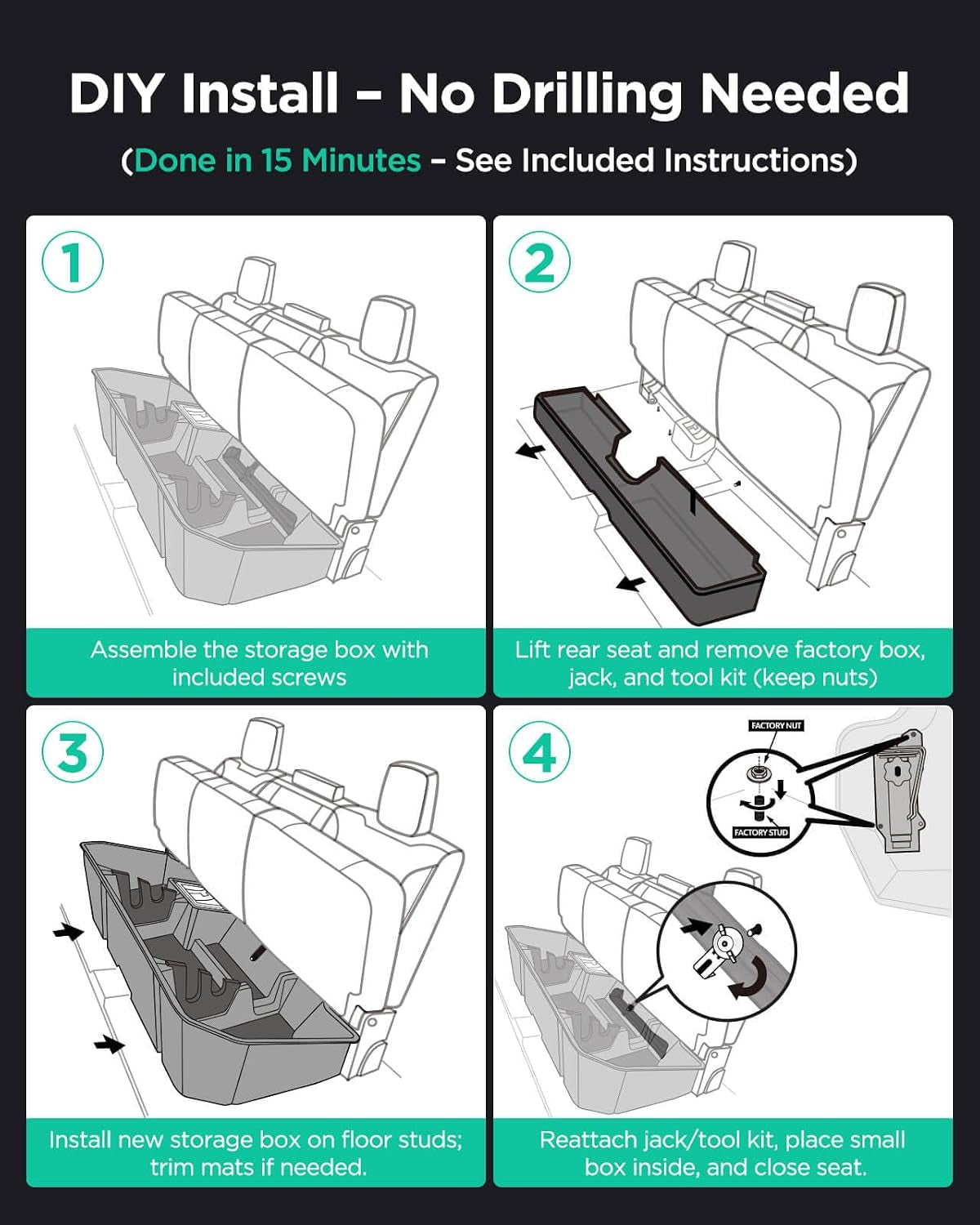 Truck Underseat Storage for Silverado Sierra: 2019-2026 Crew/Double Cab, Rear under Seat Organizer Tool Box Car Accessory for Chevy Silverado & GMC Sierra 1500 2500HD 3500HD (W/ Detach Bin & Mesh Net)