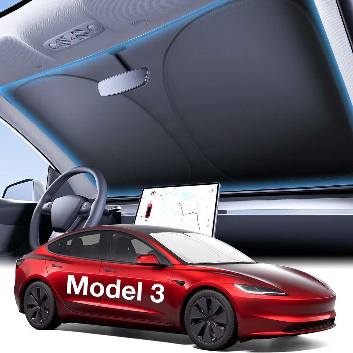 for Tesla Model 3 Windshield Sunshade, OEM Design, 100% Sun Block