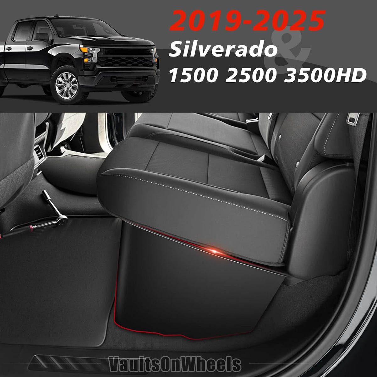 under Seat Storage Box Fit for 2019-2026 Chevy Silverado 1500/2500/3500HD (Not for Rear Kicker Subwoofer), Console Organizer Truck Tool Box Detachable Underseat Organizer W/Tpe Mats