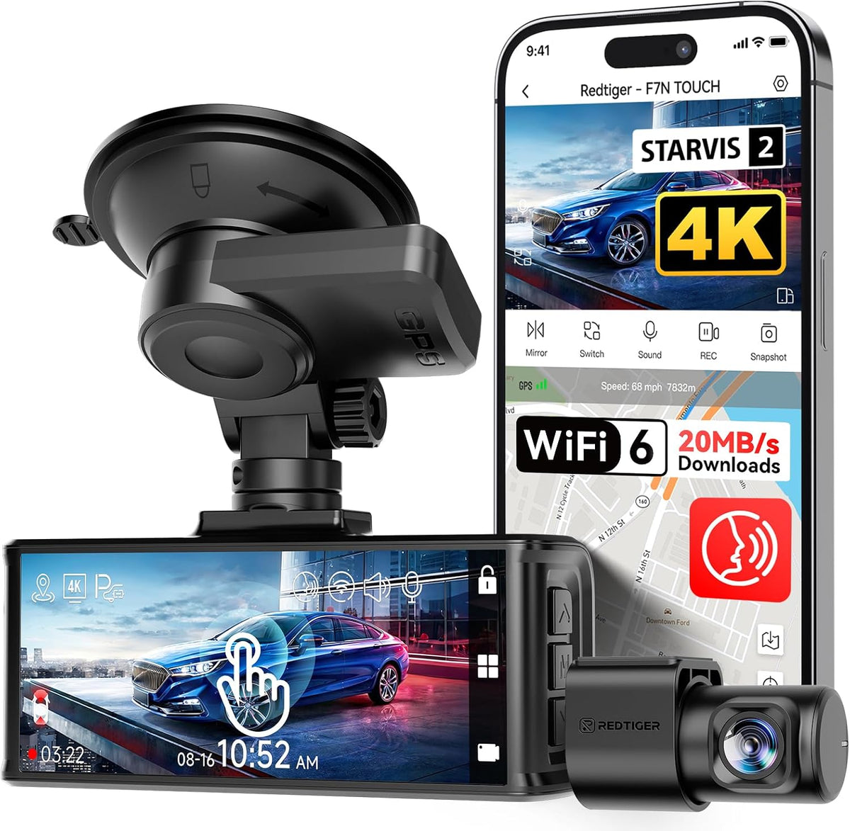 4K STARVIS 2 Dashcam Front Rear, 5Ghz Wifi 20Mb/S, Voice Control