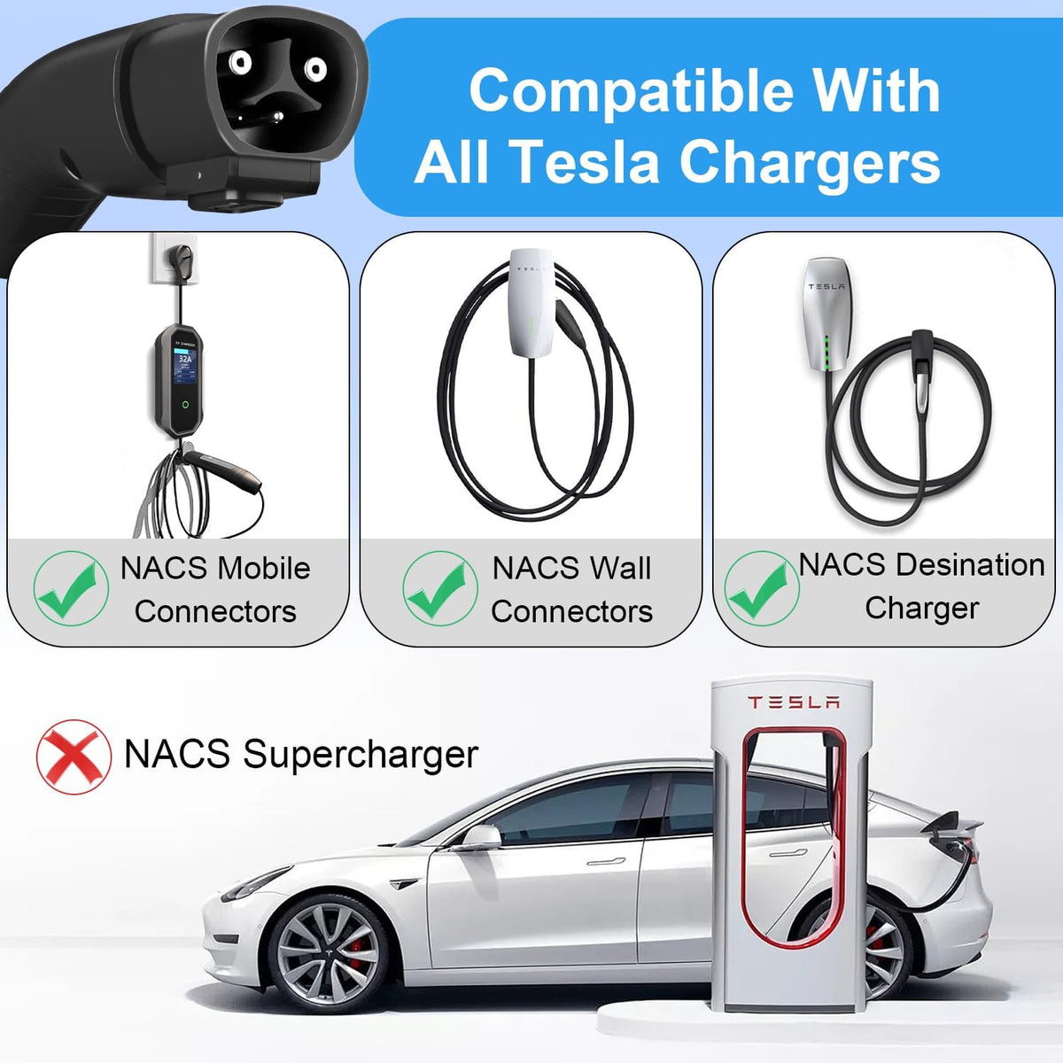 Tesla Charger Extension Cable Compatible with Tesla Model X/Y/3/S, 20Ft EV Charging Extension Cable 110-240V 48A Tesla EV Charger Extension Cords