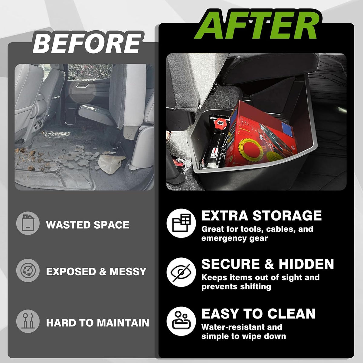 under Seat Storage Box Fit for 2019-2026 Chevy Silverado 1500/2500/3500HD (Not for Rear Kicker Subwoofer), Console Organizer Truck Tool Box Detachable Underseat Organizer W/Tpe Mats