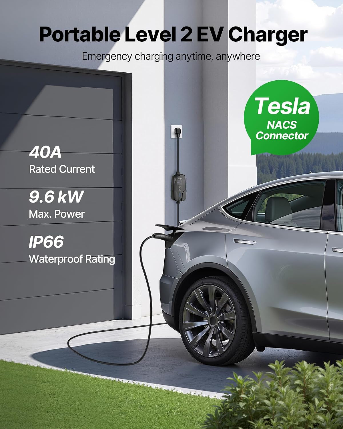 Level 2 Tesla Charger, 40 Amp Adjustable Current, 240V Portable Home Electric Car EV Charger with 25 Ft Charging Cable, NEMA 14-50P Plug, LCD Display, NACS Connector, for Tesla Model Y/X/3/S
