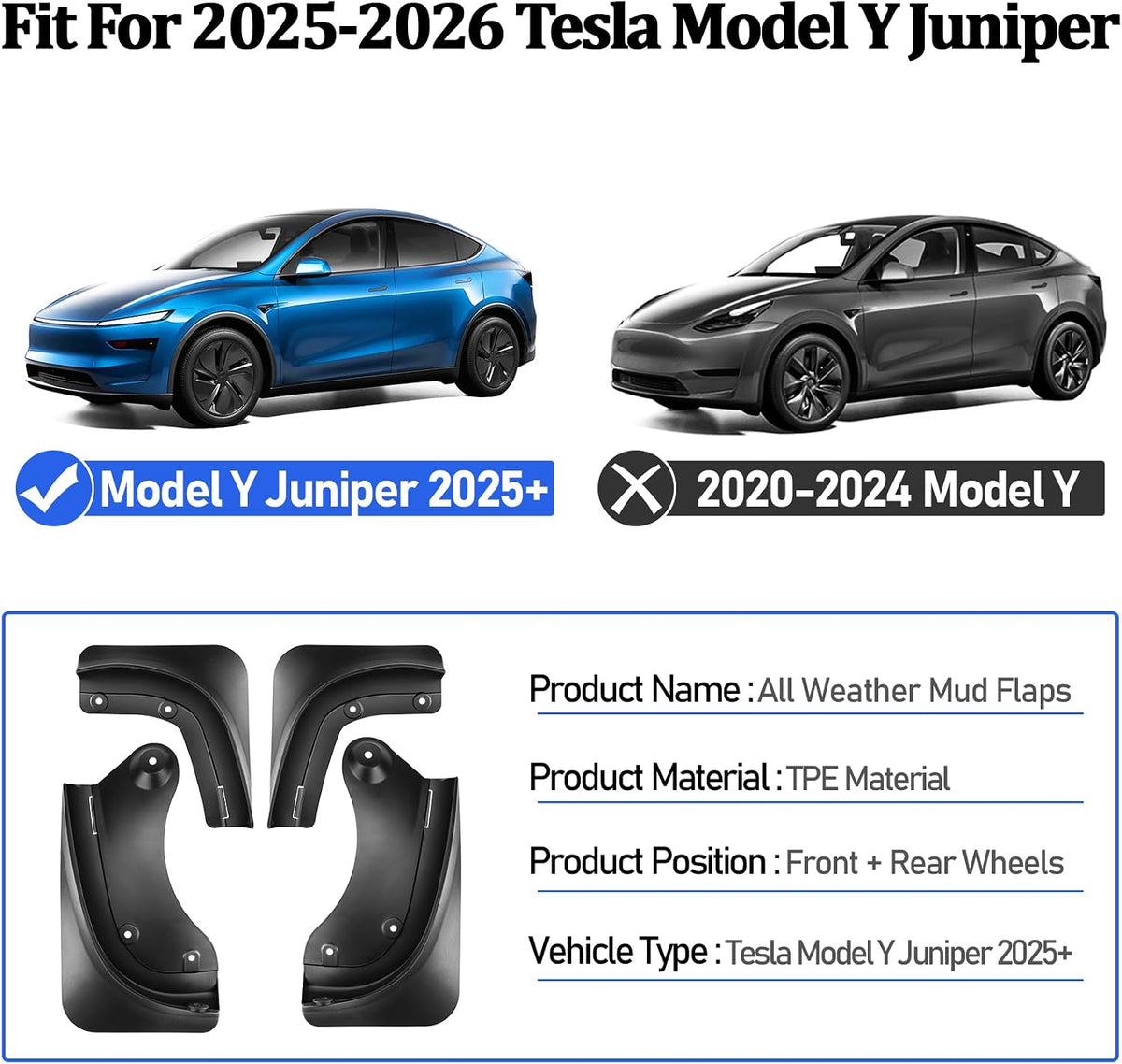 Mud Flaps for 2025-2026 Tesla Model Y Juniper, Black, Set of 4