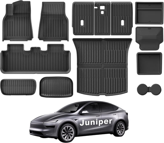 2025 2026 Tesla Model Y Juniper All Weather Cargo Liner Floor Mats 9 PCS & Double Layer Center Console Organizer 4 PCS, Full Coverage Tesla Interior Accessories Kit(Not for Standard)